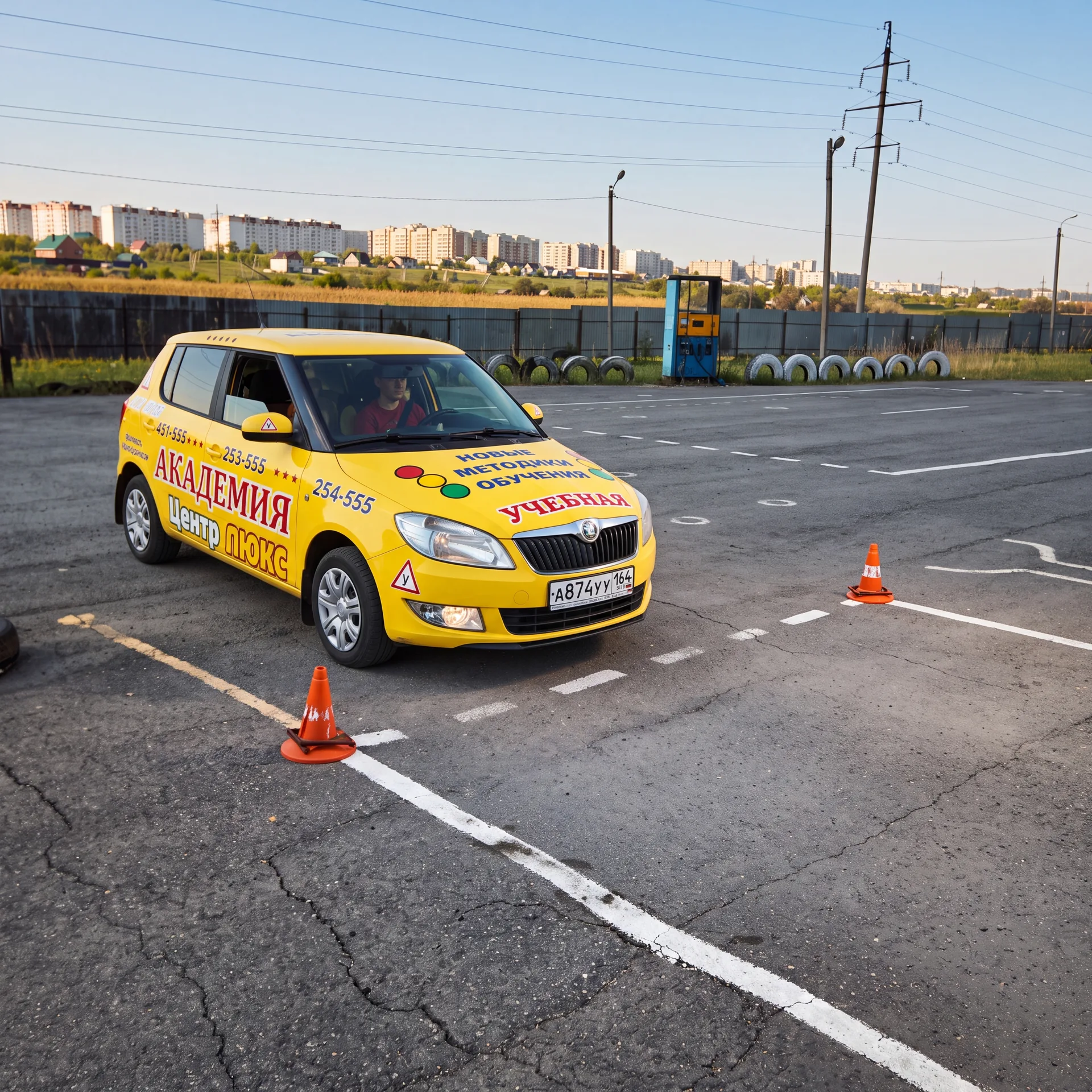 Учебный автомобиль выполняет упражнение на площадке